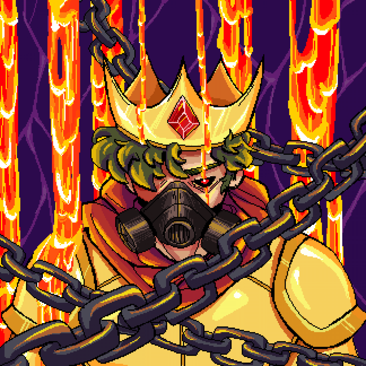 A drawing of Sam as the Warden. He wears a gas mask on his face and golden armor. Behind him, lava drips down onto him. It looks like he's in the prison. Chains crisscross over him, holding him back.